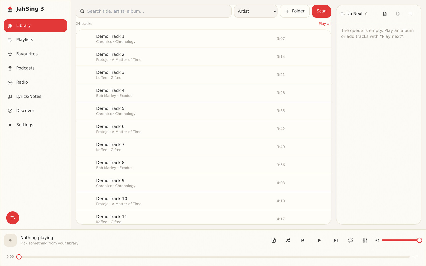 The JahSing 3 library view: a sortable track list with the up-next queue docked on the right.