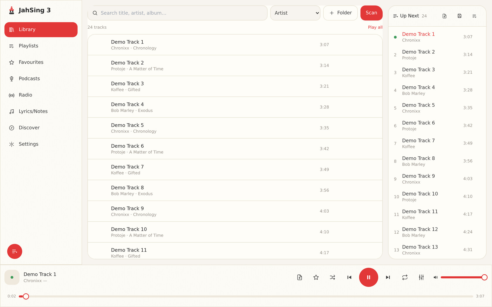 The JahSing 3 desktop player: library, up-next queue and the transport bar mid-playback.