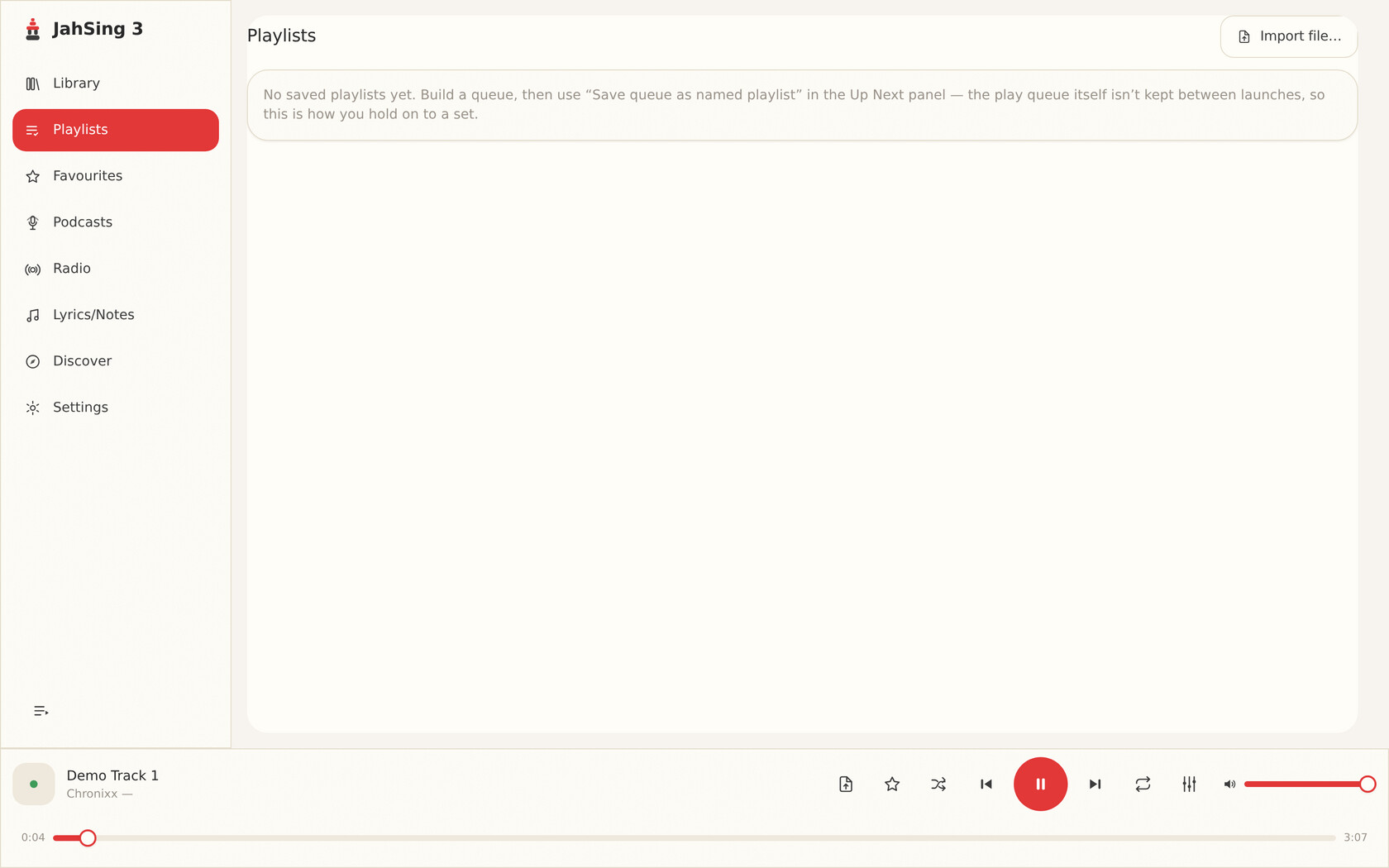 The playlists view in JahSing 3.