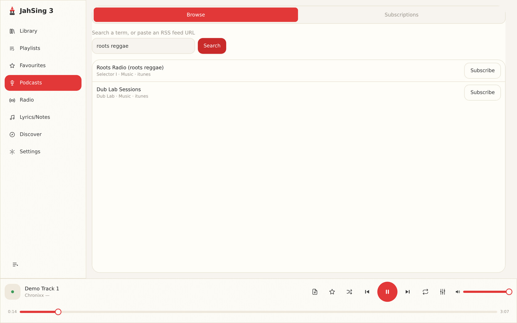 Podcast search and subscribe in JahSing 3.