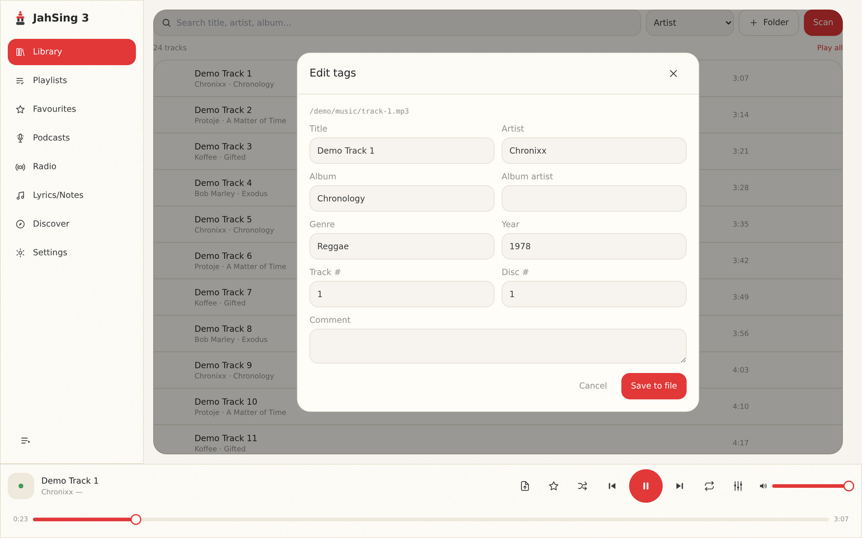 The tag editor dialog over the JahSing 3 library.