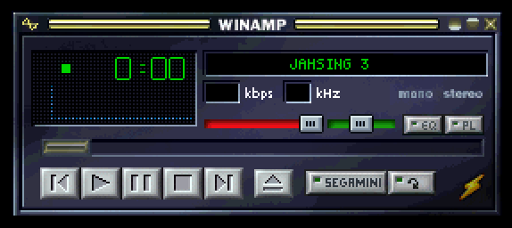 JahSing 3 rendering a generic 2003-era Winamp 2 skin, proving .wsz compatibility.