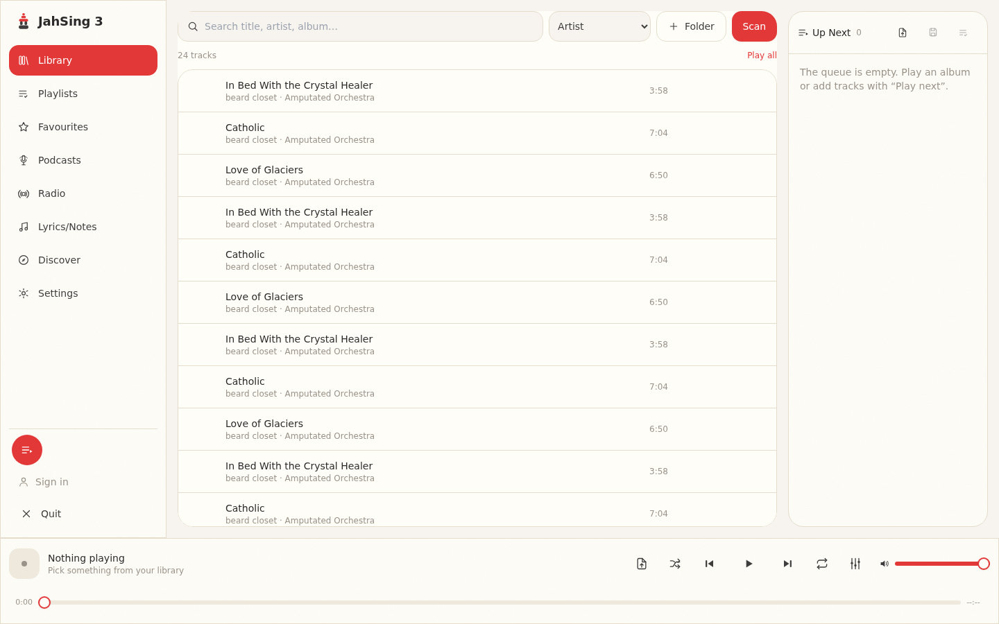 JahSing 3 Library view showing beard closet's Amputated Orchestra tracks imported and ready to play