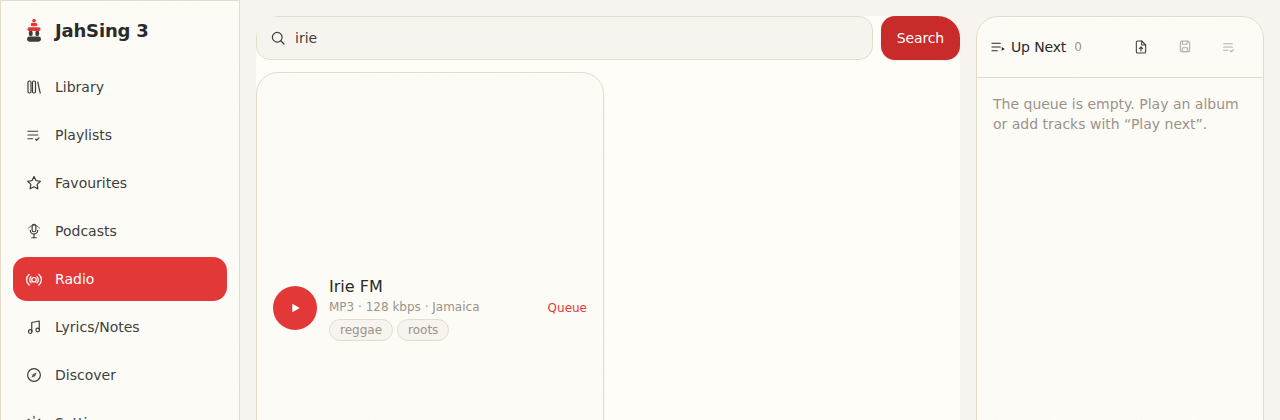 JahSing 3 Radio page showing a station search result