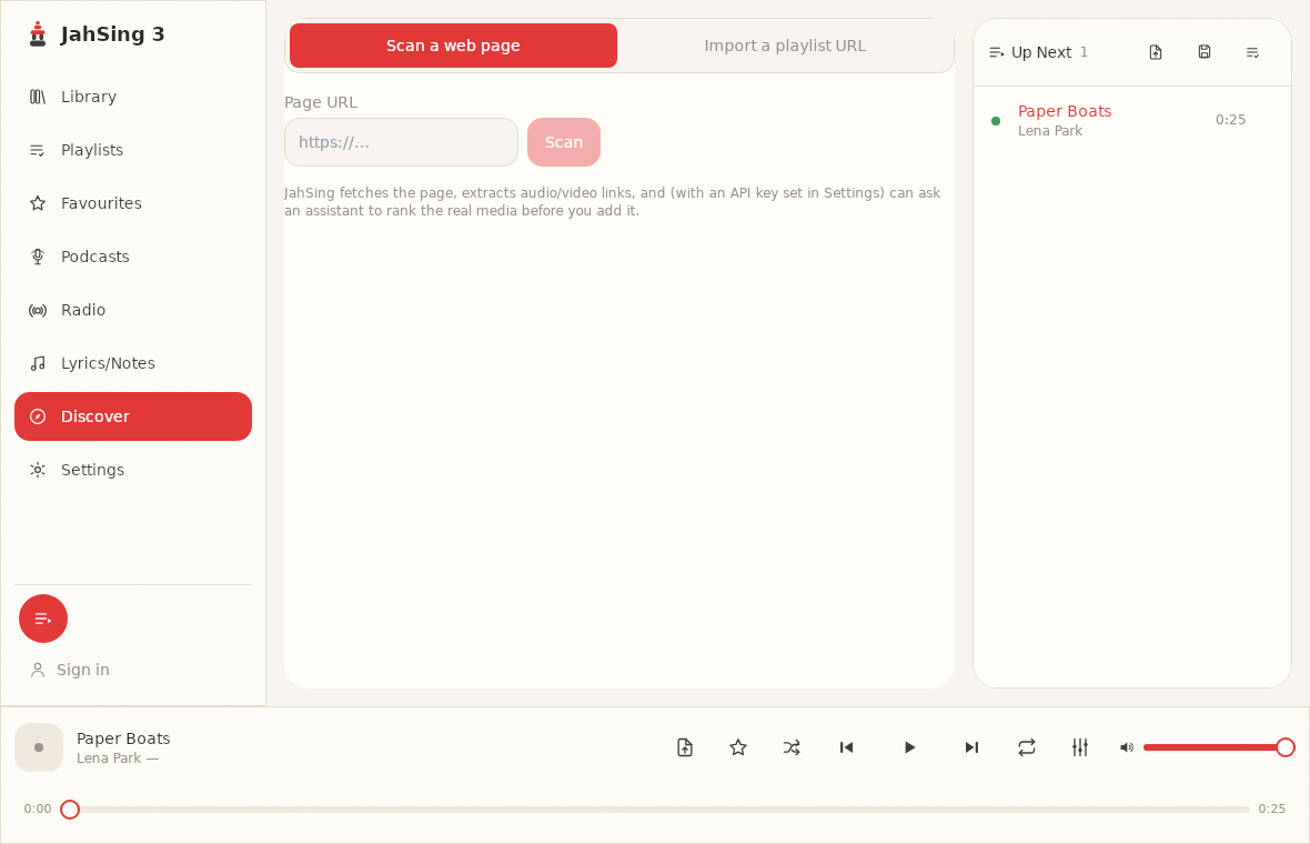 JahSing 3 Discover page with tabs to scan a web page or import a playlist URL