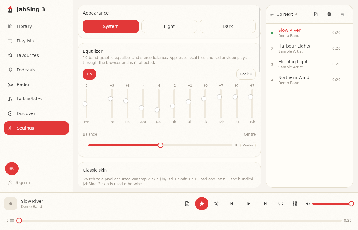 JahSing 3 Settings page with the 10-band equalizer switched on and the Rock preset applied