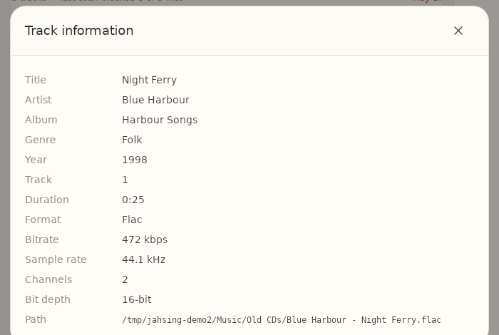 JahSing 3 Track information window for a FLAC file showing 16-bit, 44.1 kHz and the bitrate