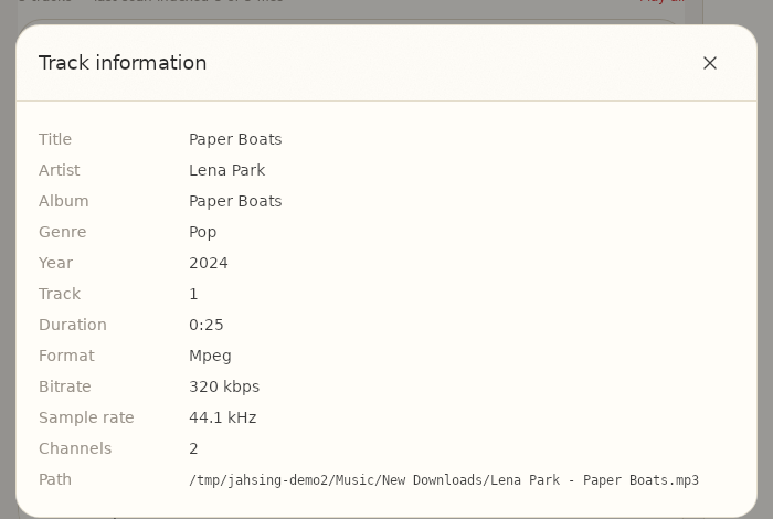 JahSing 3 Track information window for an MP3 file at 320 kbps