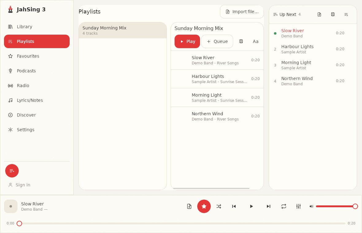 JahSing 3 Playlists page showing a saved playlist and its four tracks