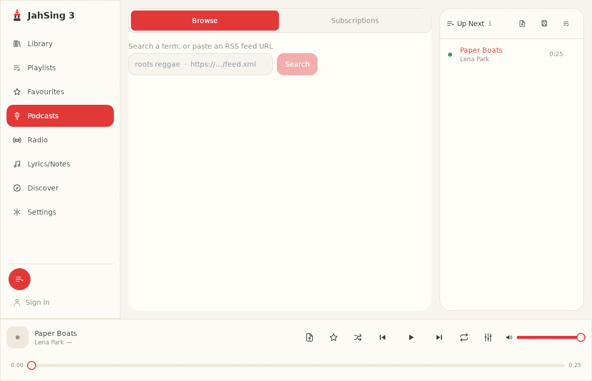 JahSing 3 Podcasts page with a search box for a term or RSS feed address