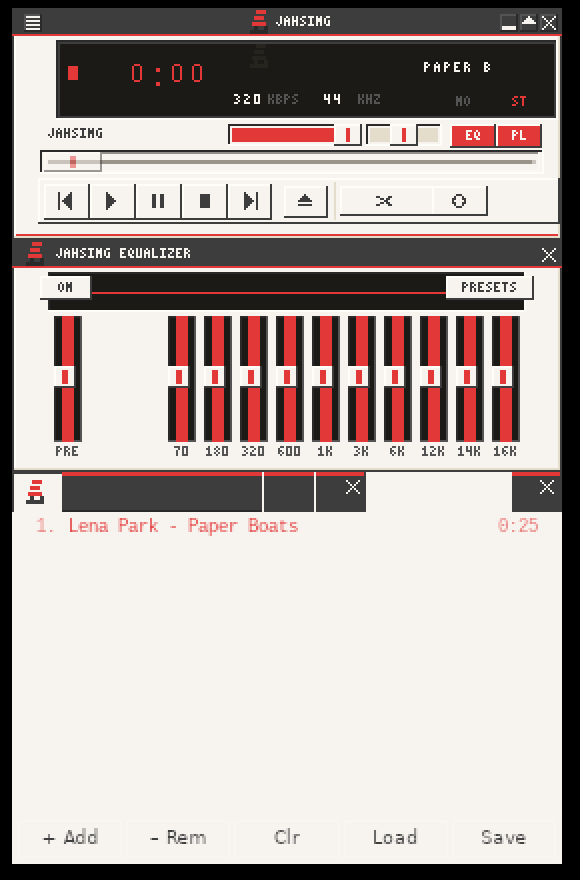 JahSing 3 classic skin mode with the main player, equalizer and playlist windows stacked
